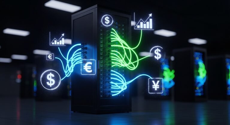 Server rack with glowing currency symbols and charts illustrating how to monetize a low traffic blog