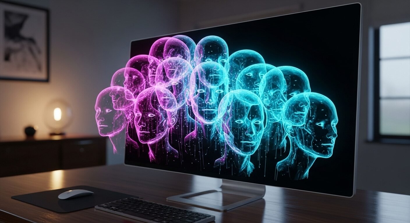 holographic representation of human heads coming out of computer screen for a blog article listing 5 best ai avatar