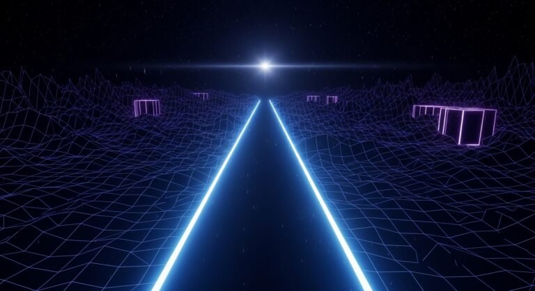 Neon grid highway leading to a bright light, representing the path to a Google AdSense approval checklist