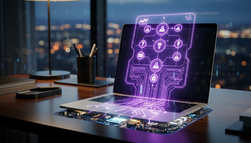 holographic workflow graph emerging for a laptop for a blog article article about faceless ai content production