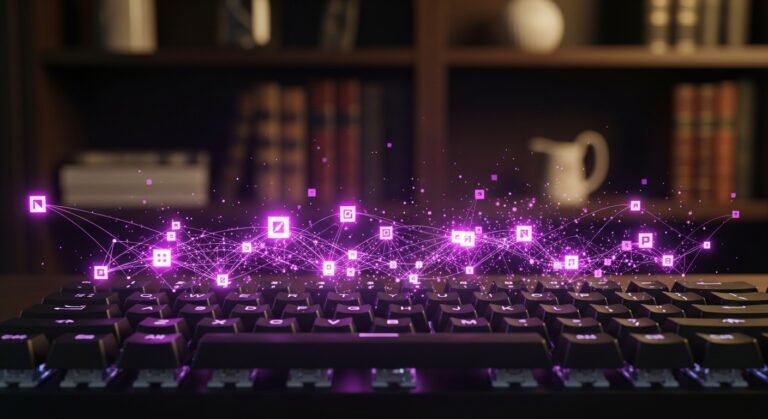 mechanical keyboard with holographic interconnected points for a blog article about ai fact check