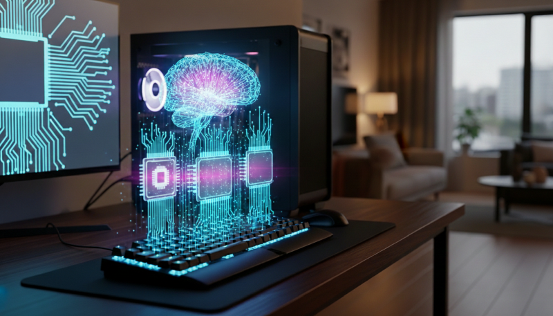 holographic chip and brain bursting from pc for an article about ai tool hardware setup