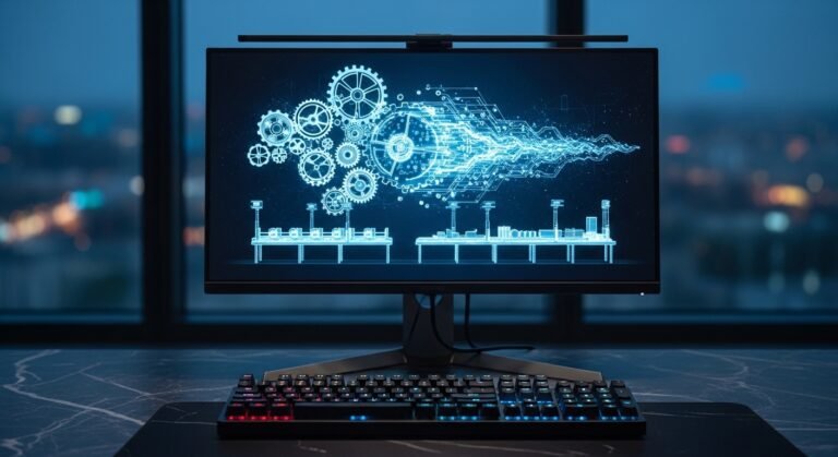 holographic assembly line and gears emerging from monitor screen for a blog about ai content creation automation