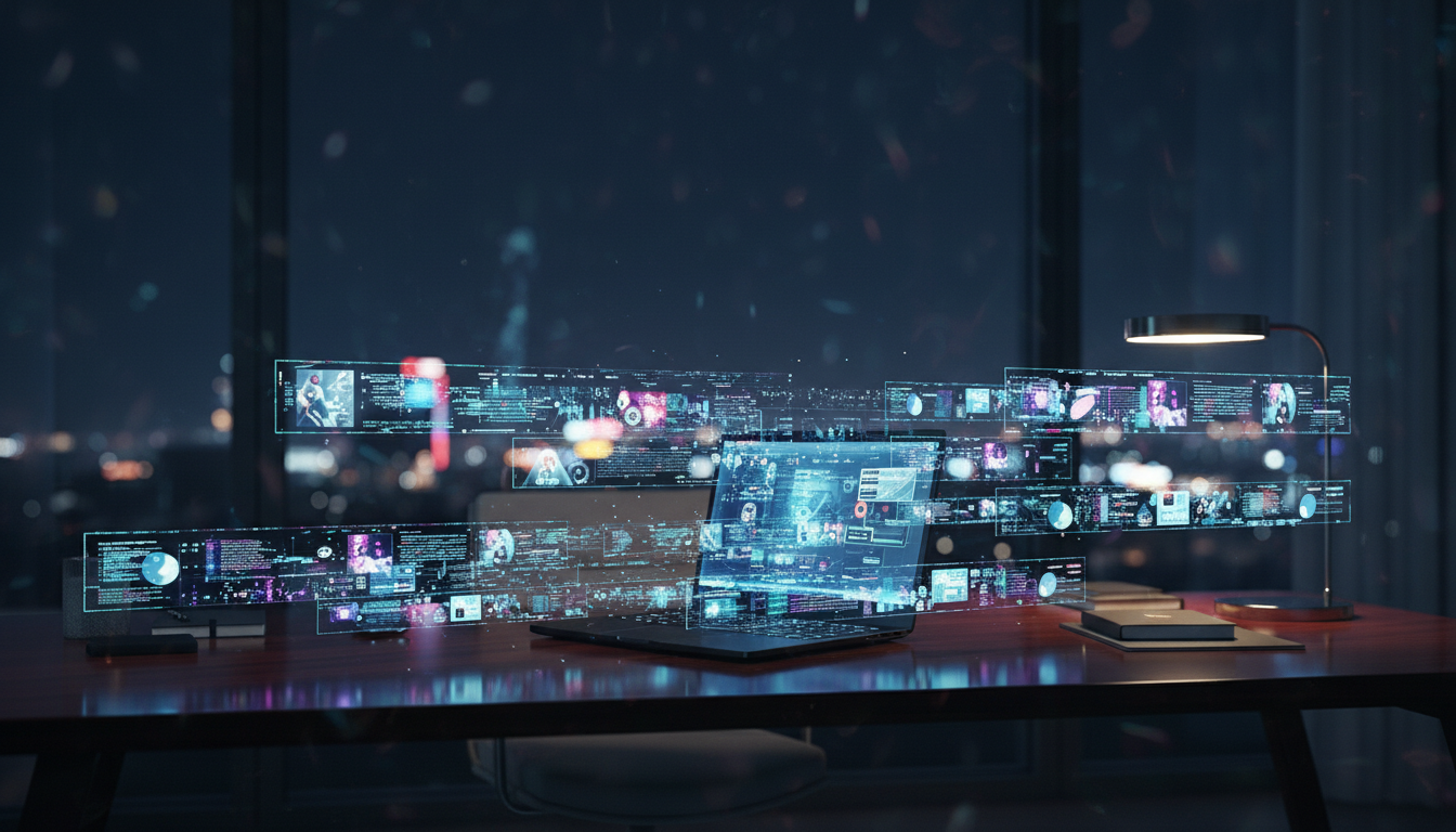 high end laptop with holographic images to illustrate a blog article about faceless ai content