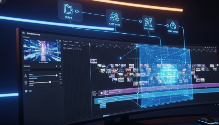 Ultra-wide monitor displaying CapCut's video timeline and automated workflow icons for script and audio