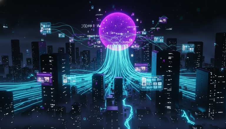 Futuristic city with blue data streams flowing into a glowing purple core, representing Claude.ai technology.