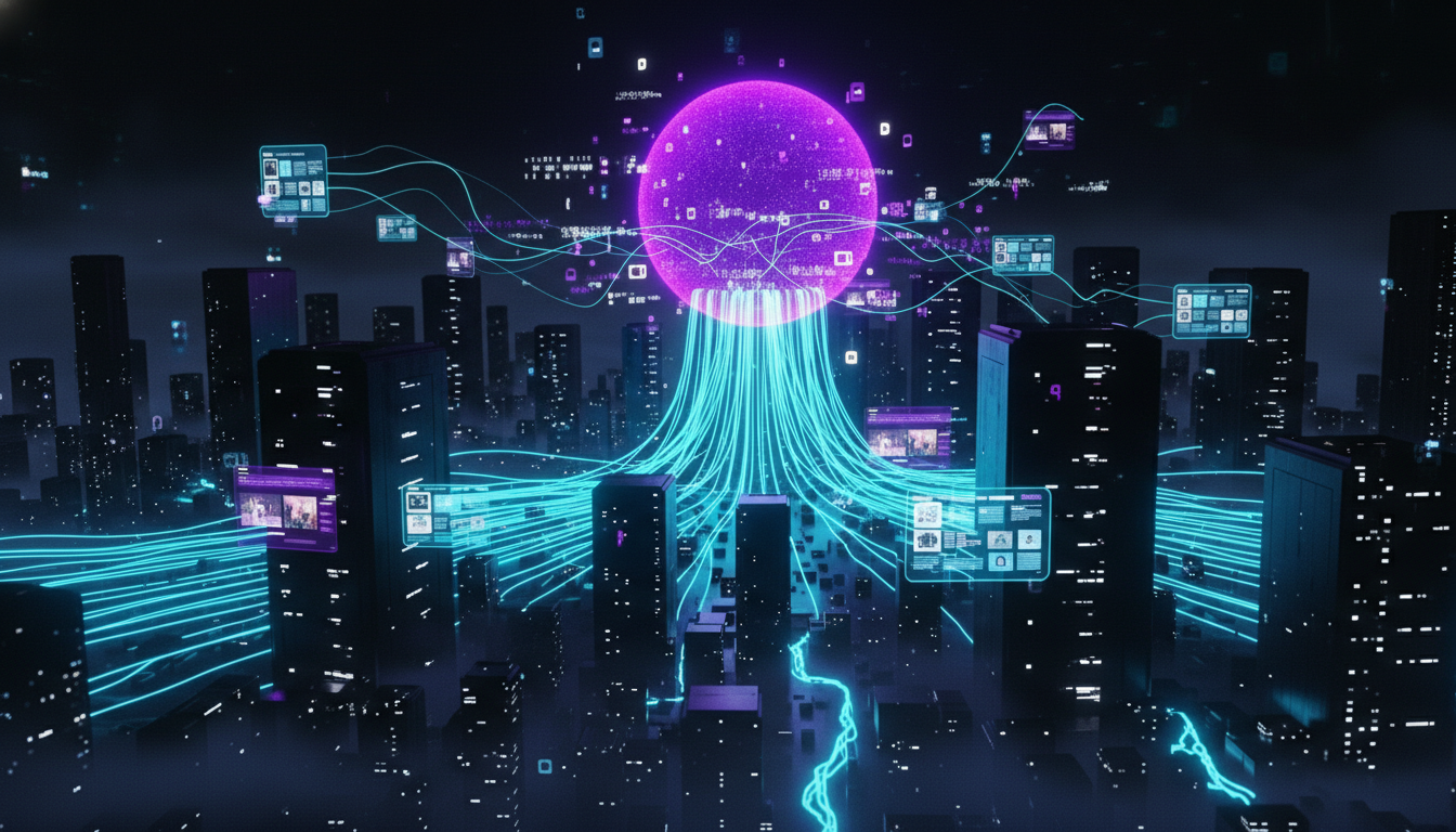 Futuristic city with blue data streams flowing into a glowing purple core, representing Claude.ai technology.