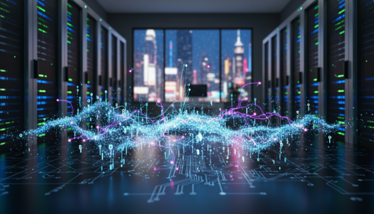 data center with holographic data graph for a blog article about cloud setup for ai content creation