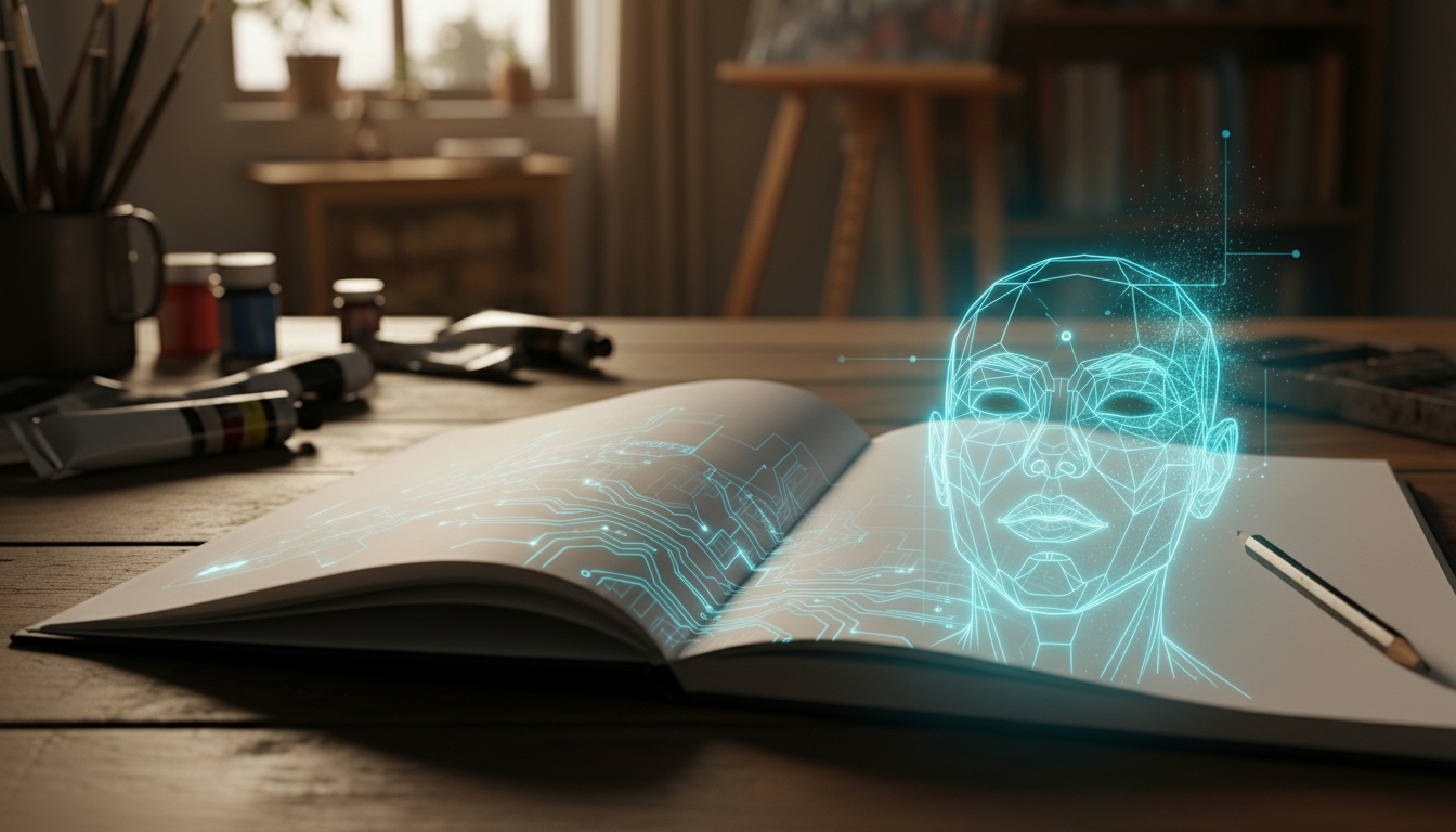 holographic human face glowing from a sketch book for an article about consistent character in ai image generator
