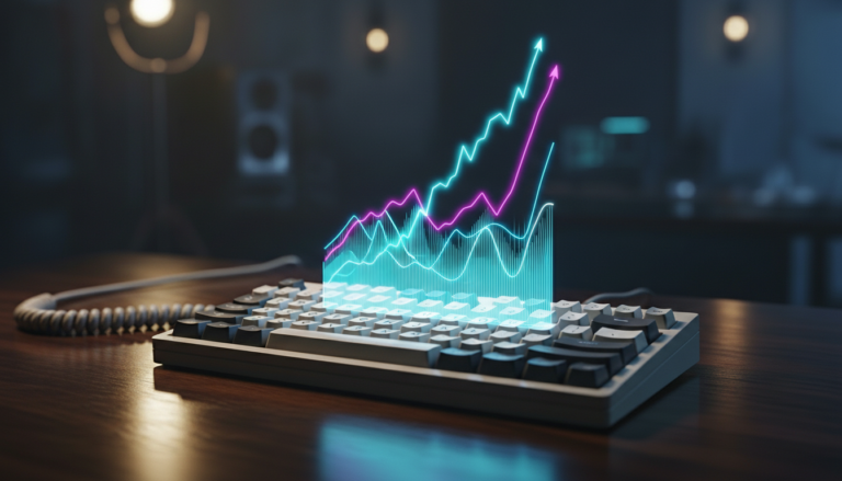mechanical keyboard with neon holographic kpi graph uptrends about a niche selection strategie article