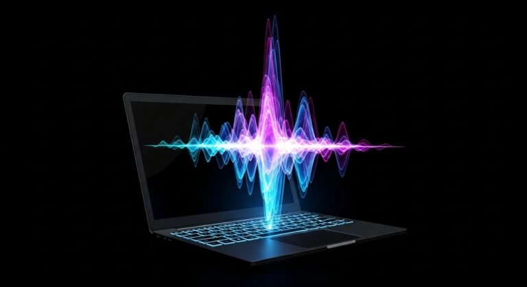 Laptop emitting vibrant neon sound waves, illustrating how to set up the ElevenLabs AI voice cloning tool