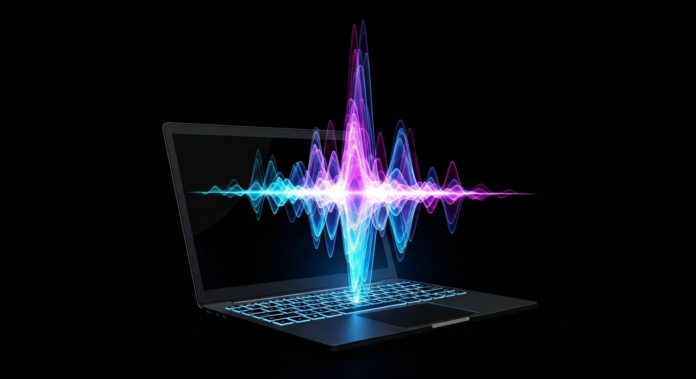 Laptop emitting vibrant neon sound waves, illustrating how to set up the ElevenLabs AI voice cloning tool
