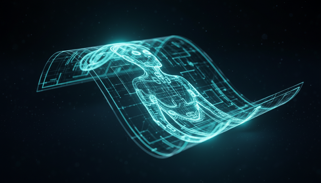 Glowing blue holographic blueprint of a humanoid figure illustrating the faceless brand blueprint