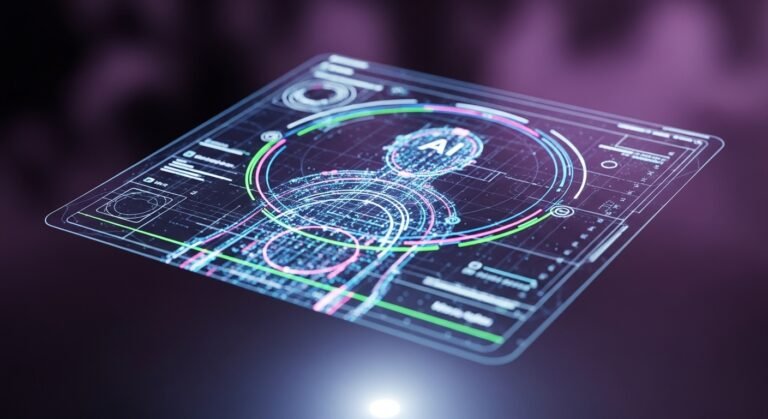 Futuristic holographic interface with AI text, illustrating HeyGen's generative AI technology