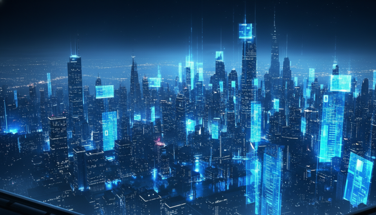Futuristic digital cityscape with glowing blue data streams representing high-paying tech and finance markets for YouTube high CPM niche selection.