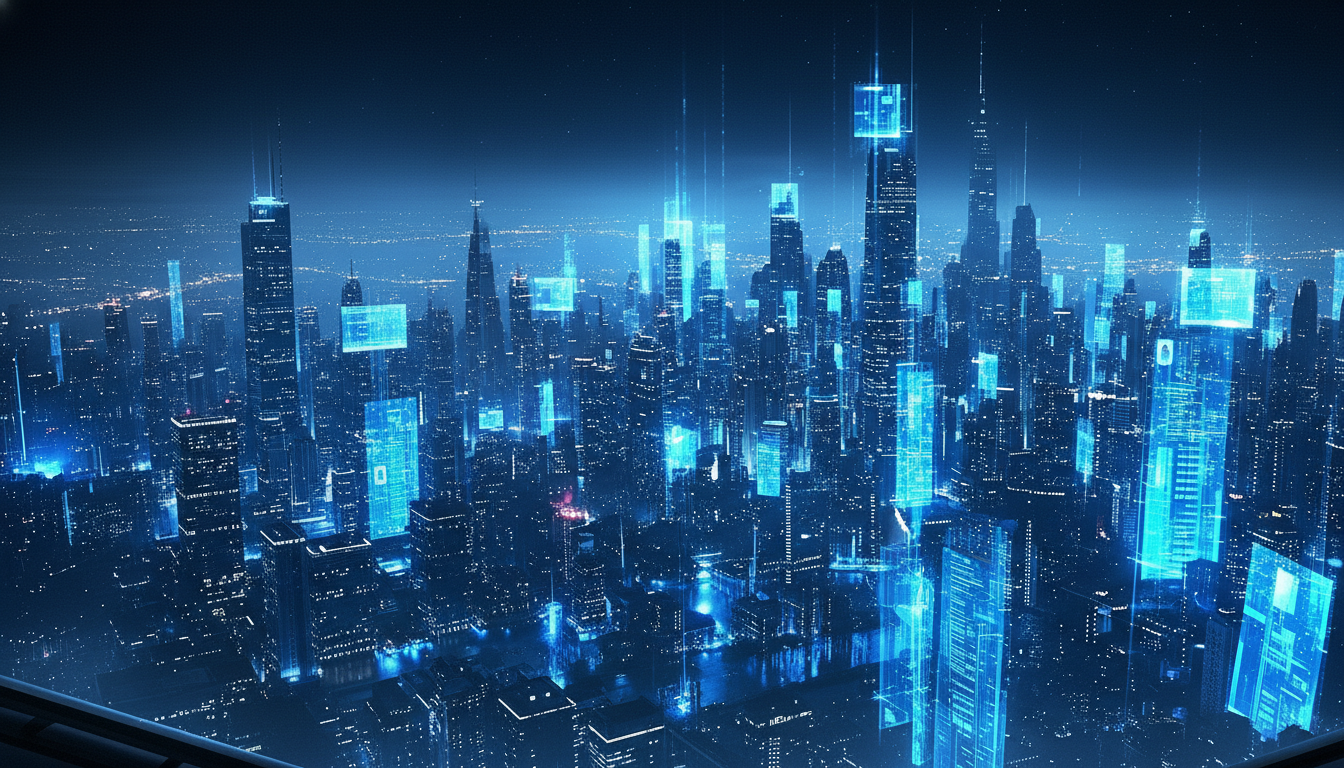 Futuristic digital cityscape with glowing blue data streams representing high-paying tech and finance markets for YouTube high CPM niche selection.