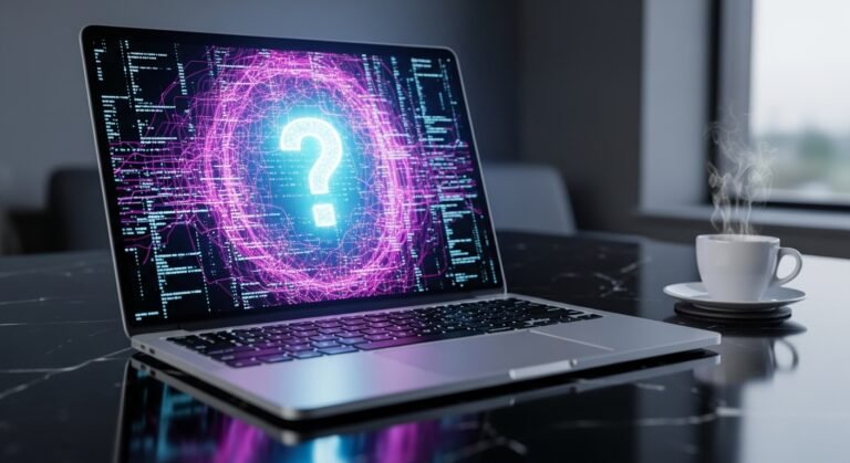 hologrpahic question mark on a laptop screen for an image prompt engineering article