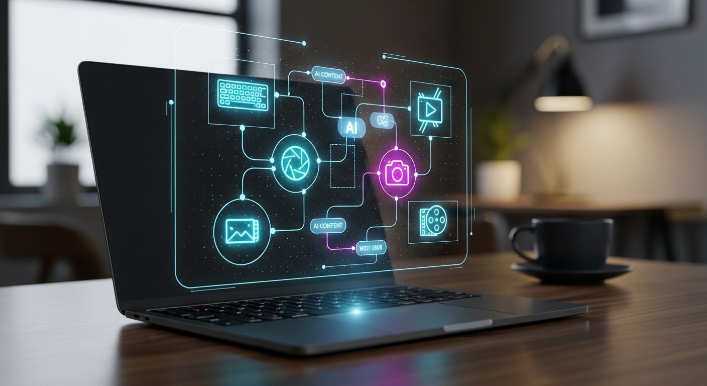 holographic beaming out of laptop screen for an article about make.com usage