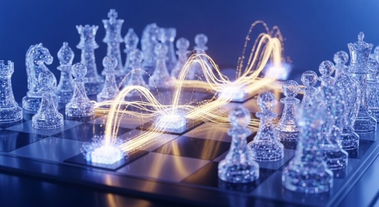 A high-fidelity digital rendering of a chessboard featuring transparent, wire-frame style chess pieces for monetization blog post