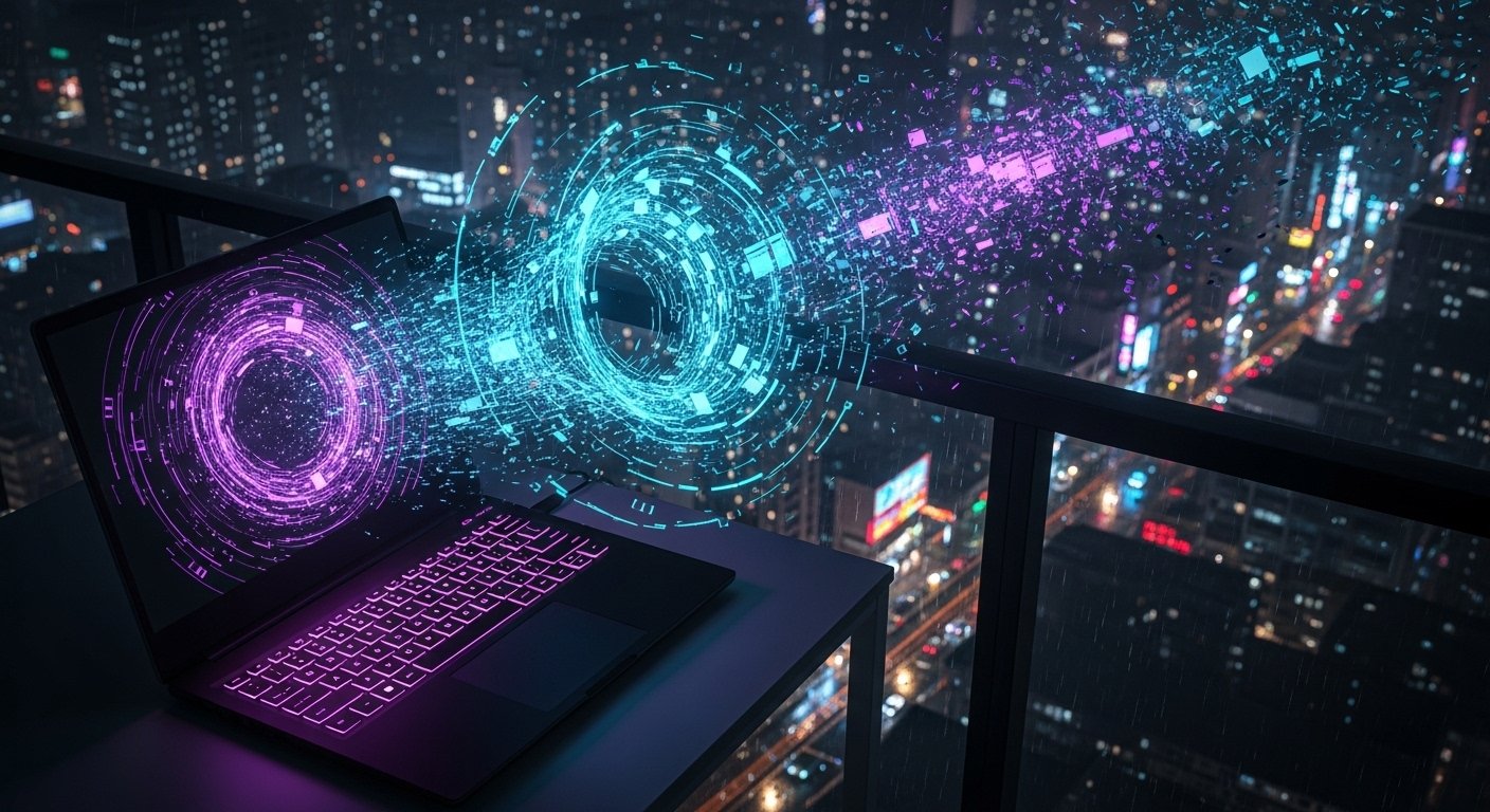 holographic voterx image bursting out of laptop screen for a nlog article about negative prompting