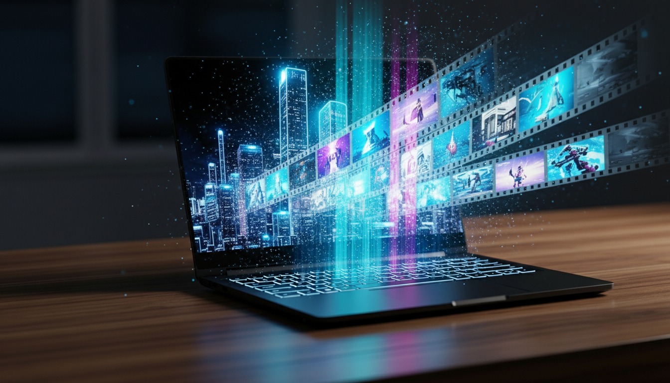 Hollographic movie strips bursting from a laptop screen for a tutorial about pika art