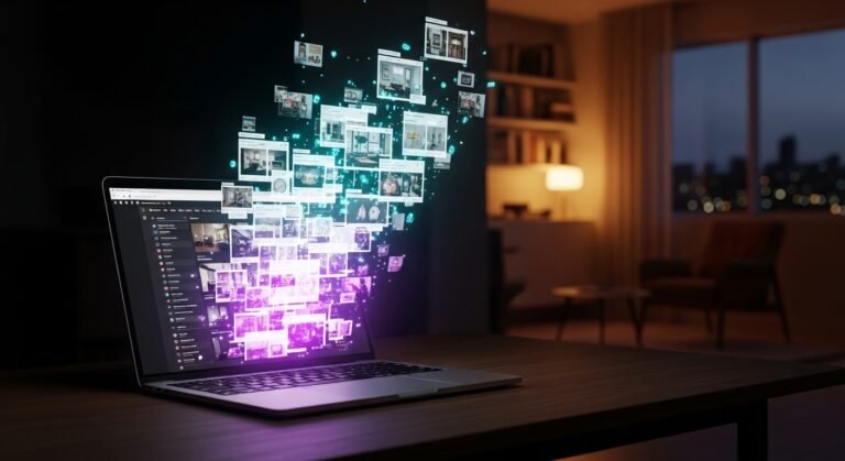 multiple holographic images emerging from laptop screen for a blog article about ai pin generator