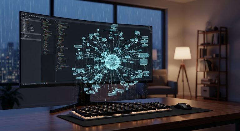 holographic mindmap floating above keyboard to represent ai prompt engineering