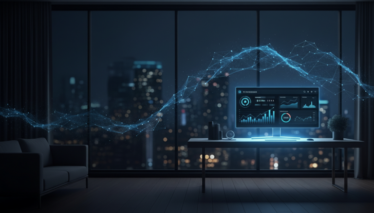 a sophisticated office with monitor showing graph about profitable youtube channel