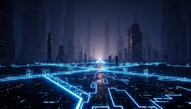 Futuristic glowing circuit city representing the advanced AI video generation capabilities of Runway Gen-3.