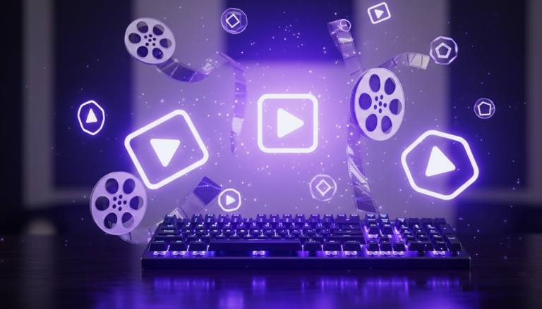 holographic film stripes bursting from mechanical keyboard for a review about Sora and Runway