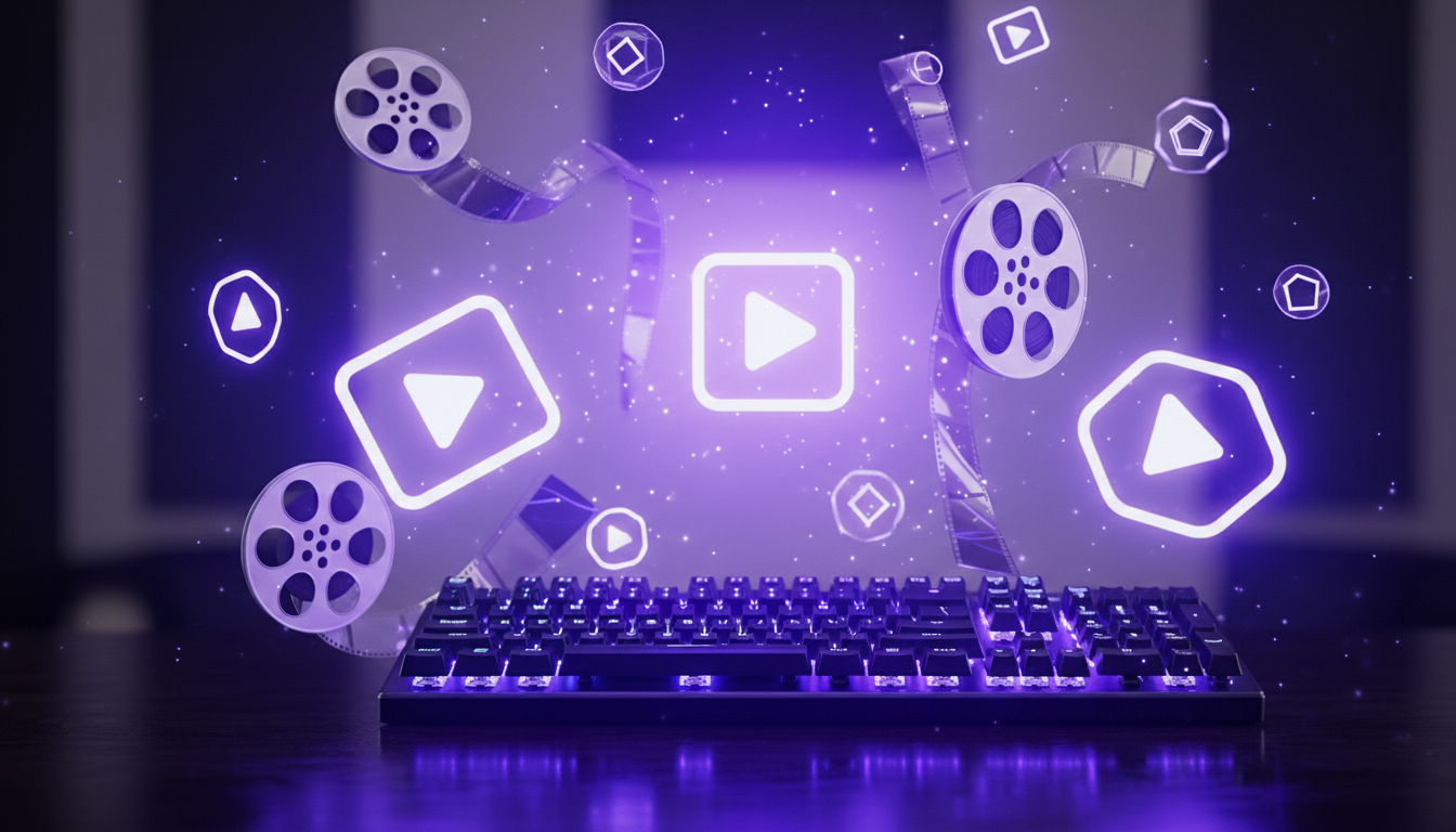 holographic film stripes bursting from mechanical keyboard for a review about Sora and Runway