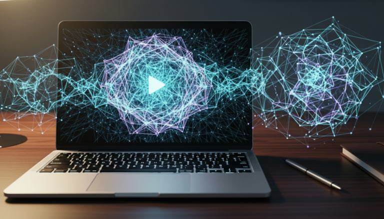 neon golographic play button bursting from a laptop screen representing video retention