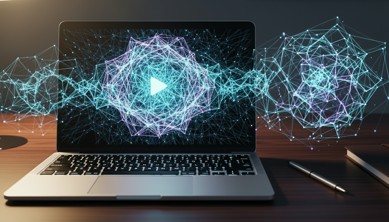 neon golographic play button bursting from a laptop screen representing video retention