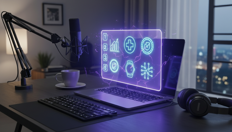 A professional, dimly lit modern workspace set up for youtube content creation