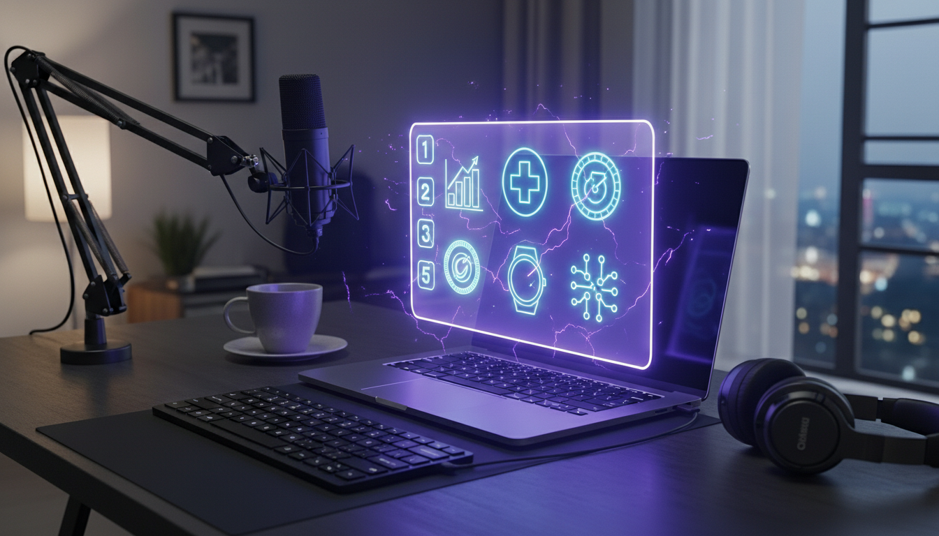 A professional, dimly lit modern workspace set up for youtube content creation