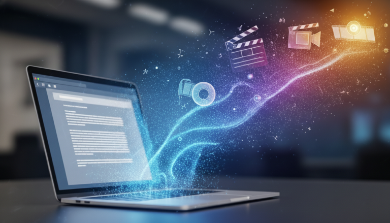 Laptop with glowing digital particles transforming text into video icons, representing Jasper AI content automation