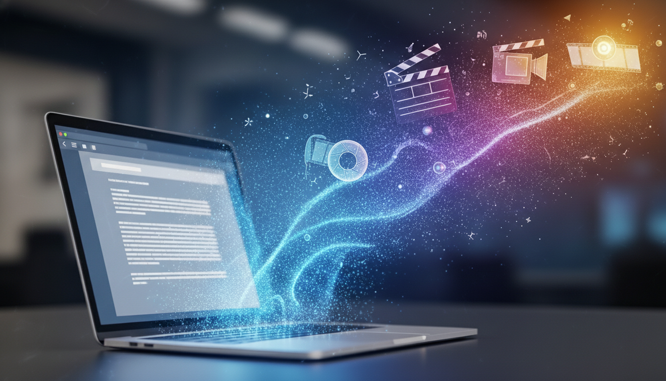 Laptop with glowing digital particles transforming text into video icons, representing Jasper AI content automation