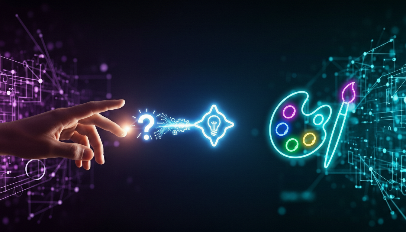 A hand reaching toward neon symbols representing the creative process of turning ideas into AI art assets