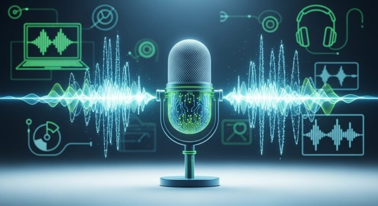 Glowing digital microphone with audio waveforms, representing AI voice generator technology for anonymous creators