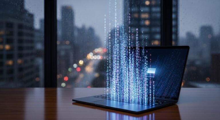 a shimmering, holographic cascade of iridescent data points emerging from a laptop keyboard for a blog article about seo