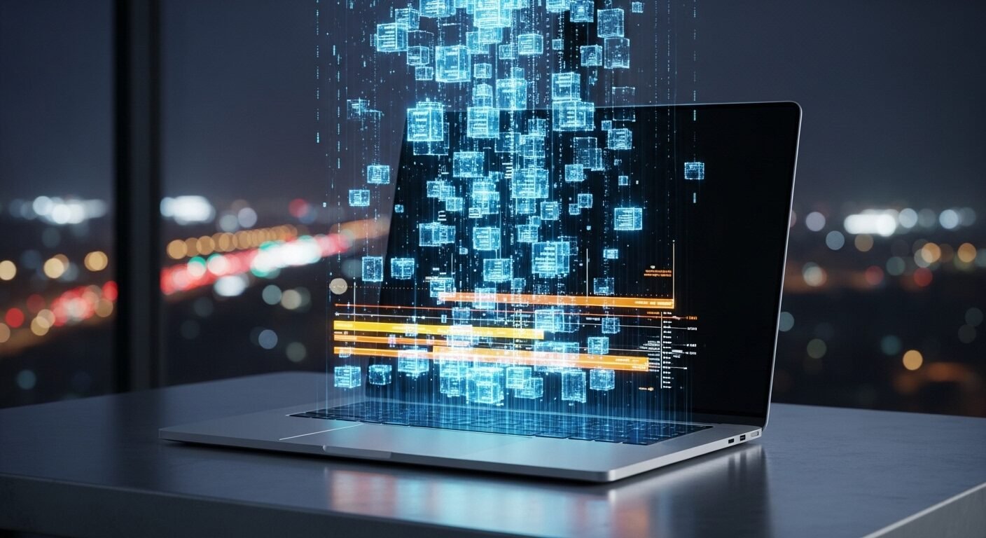 holographic content blocks emerging from laptop keyboard for a blog article about ai content creation pipeline