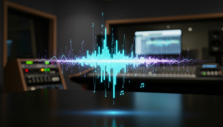 holographic soundwave manifesting in a high end studio for a blog article about ai music generation