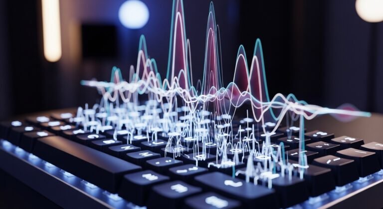 soundwave emerging from mechanical keyboard for a blog article about ai viral script