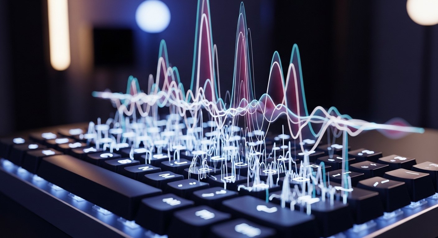 soundwave emerging from mechanical keyboard for a blog article about ai viral script