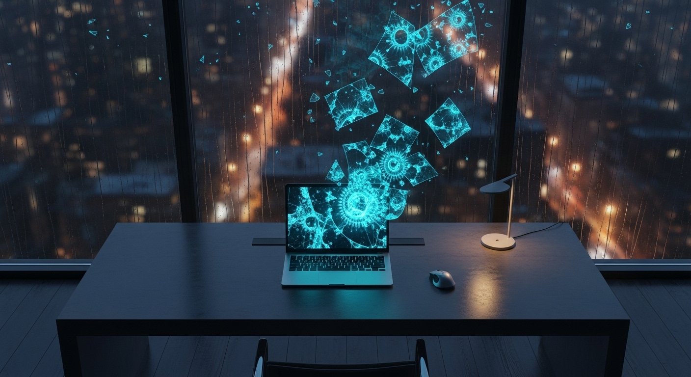 holographic fractal design emerging from laptopscreen for a pillar article about architecturing automated content creation