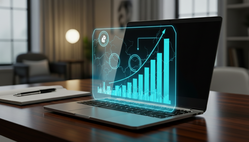 holographic growth graph emerging from laptop for a blog article about sponsorship