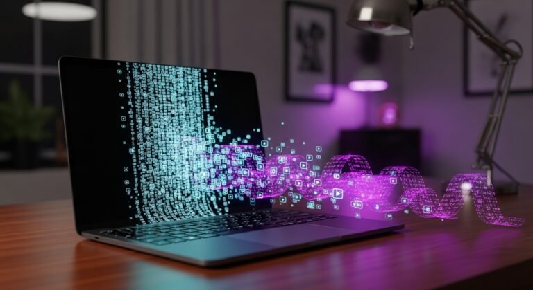 holographic data and video visualization icons flowing from a laptop screen for a blog article about video automation