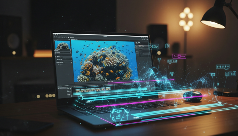 holographic video editing timeline emerging from laptop keyboard for a tutorial about capcut ai video editing