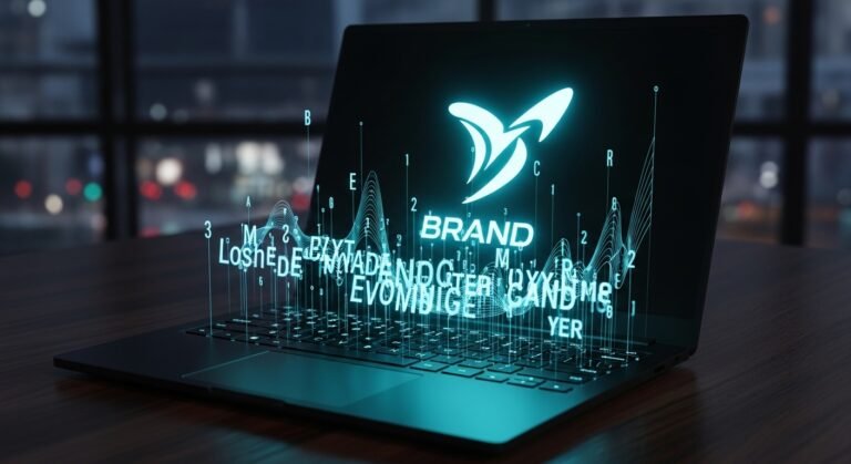 holographic brand concept emerging from laptop screen for an article about custom gpt for brand