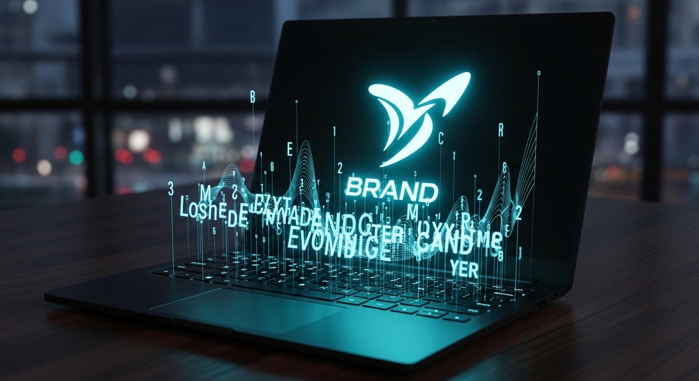 holographic brand concept emerging from laptop screen for an article about custom gpt for brand